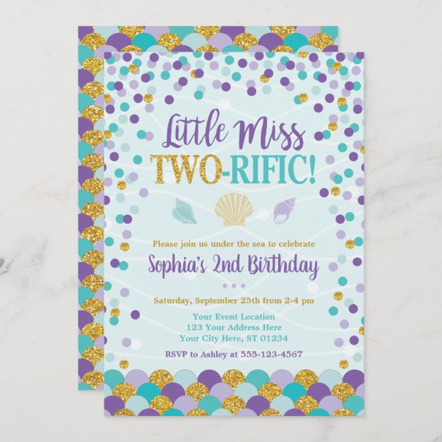 Mermaid 2nd Birthday Invitation | Under the Sea (Front/Back)