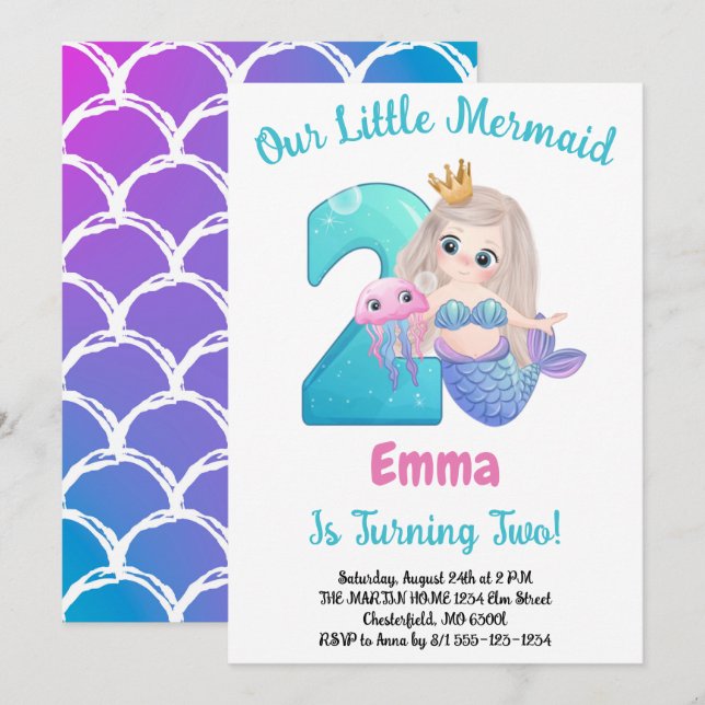 Mermaid 2nd Birthday Party Invitation (Front/Back)