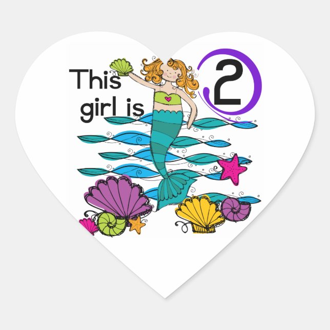 Mermaid 2nd Birthday Tshirts and Gifts Heart Sticker (Front)