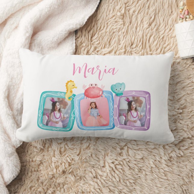 Mermaid 3 Photo Collage Kid's name Lumbar Cushion (Blanket)