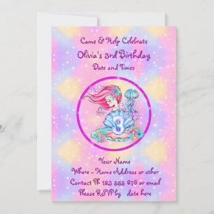 Mermaid 3rd Birthday Change Edit Text Personalise  Invitation