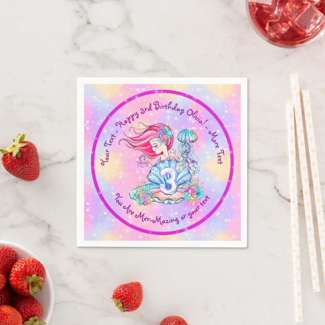 Mermaid 3rd Birthday Change Edit Text Personalise  Napkin (Insitu)