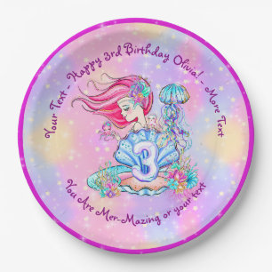 Mermaid 3rd Birthday Change Edit Text Personalise  Paper Plate