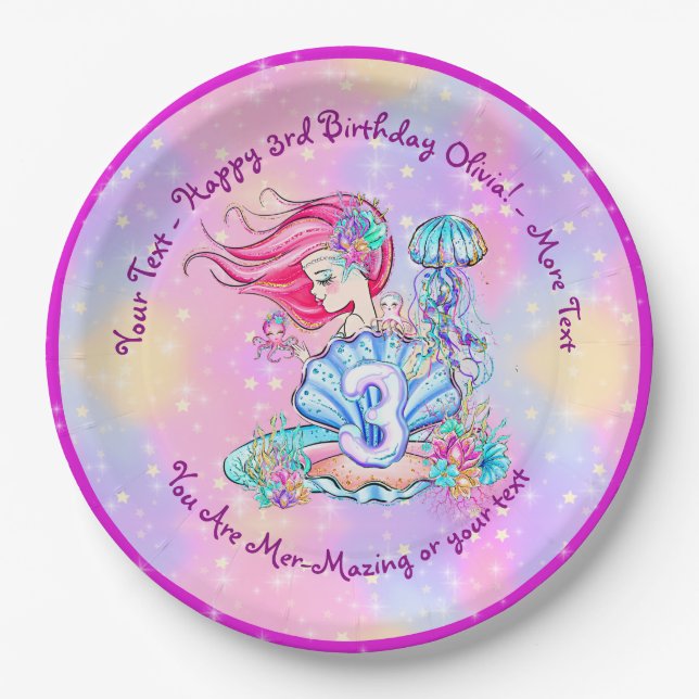 Mermaid 3rd Birthday Change Edit Text Personalise  Paper Plate (Front)