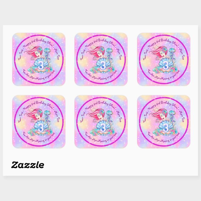 Mermaid 3rd Birthday Change Edit Text Personalise  Square Sticker (Sheet)