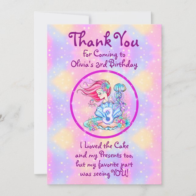 Mermaid 3rd Birthday Change Edit Text Personalise  Thank You Card (Front)