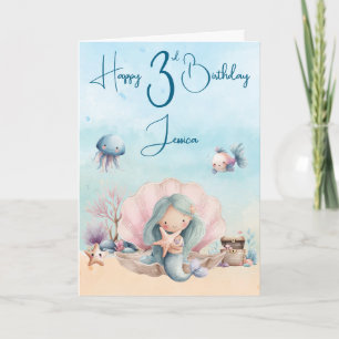 Mermaid 3rd Birthday Folded Greeting Card