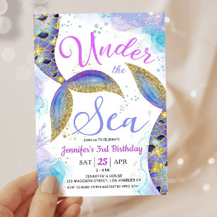 Mermaid 3rd Birthday Girl Pink Gold Under the Sea Invitation