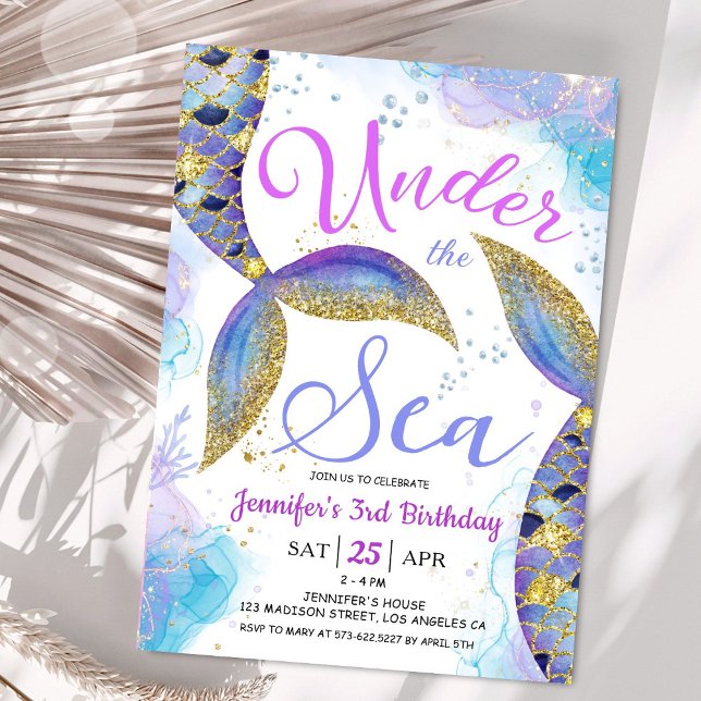 Mermaid 3rd Birthday Girl Pink Gold Under the Sea  Invitation (Creator Uploaded)