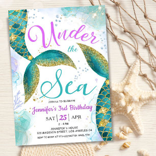 Mermaid 3rd Birthday Invite Glitter Under the Sea