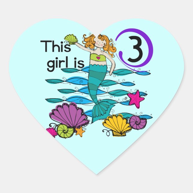 Mermaid 3rd Birthday T shirts and Gifts Heart Sticker (Front)