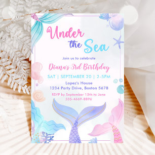 Mermaid 3rd Birthday Under The Sea Party  Invitation