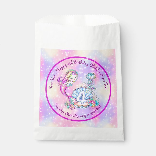 Mermaid 4th Birthday Change Edit Text Personalise Favour Bag (Front)