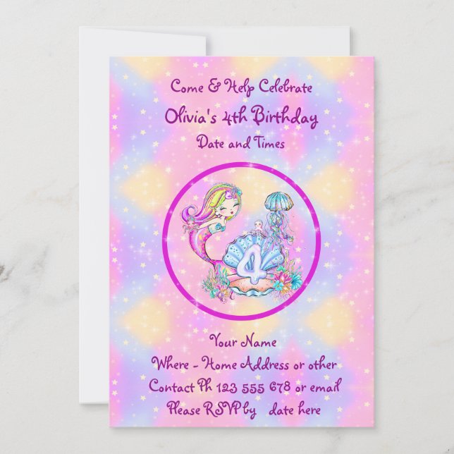 Mermaid 4th Birthday Change Edit Text Personalise  Invitation (Front)