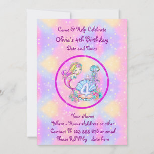 Mermaid 4th Birthday Change Edit Text Personalise  Invitation