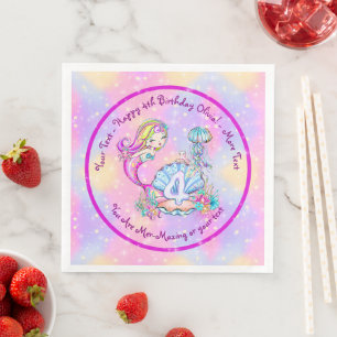 Mermaid 4th Birthday Change Edit Text Personalise Napkin