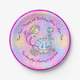 Mermaid 4th Birthday Change Edit Text Personalise Paper Plate