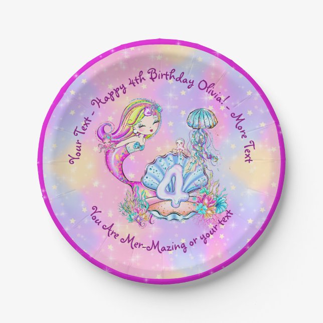 Mermaid 4th Birthday Change Edit Text Personalise  Paper Plate (Front)
