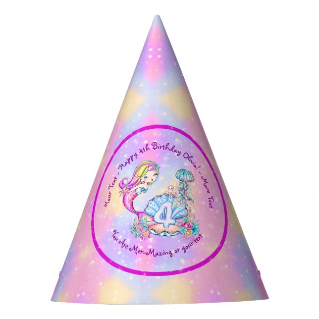 Mermaid 4th Birthday Change Edit Text Personalise  Party Hat (Front)