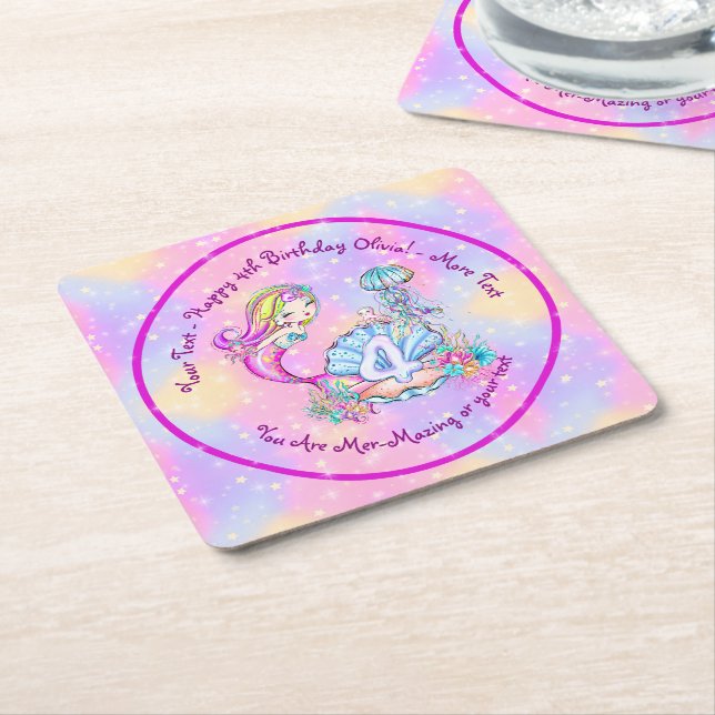 Mermaid 4th Birthday Change Edit Text Personalise Square Paper Coaster (Angled)