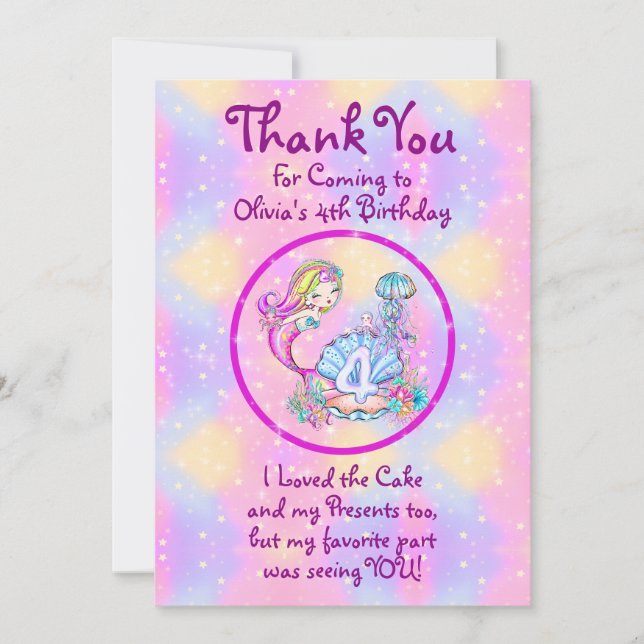 Mermaid 4th Birthday Change Edit Text Personalise Thank You Card (Front)