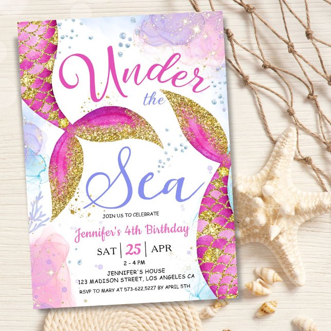 Mermaid 4th Birthday Girl Pink Under the Sea Invitation (Creator Uploaded)