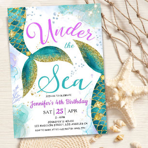 Mermaid 4th Birthday  Purple Teal Under the Sea Invitation