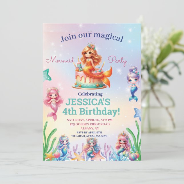  Mermaid 4Th Birthday Under The Sea Photo  Invitation (Standing Front)