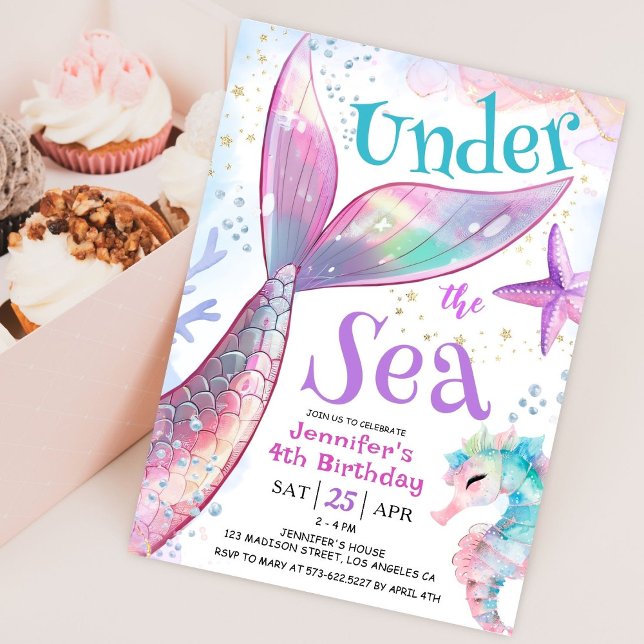 Mermaid 4th Birthday Under The Sea Pink Purple Invitation (Creator Uploaded)