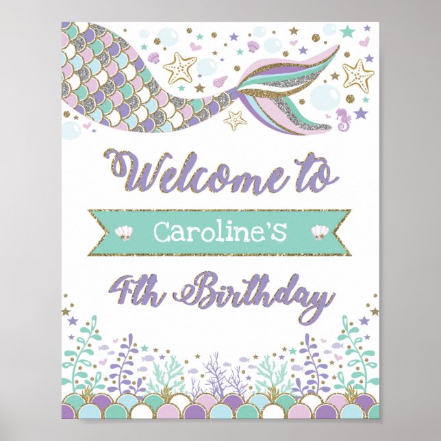 Mermaid 4th Birthday Welcome Sign Under the Sea (Front)