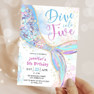 Mermaid 5th Birthday Dive Into Five Girl Party Invitation