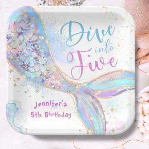 Mermaid 5th Birthday Dive into Five Purple Paper Plate