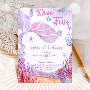 Mermaid 5th Birthday Dive To Five Party Invitation