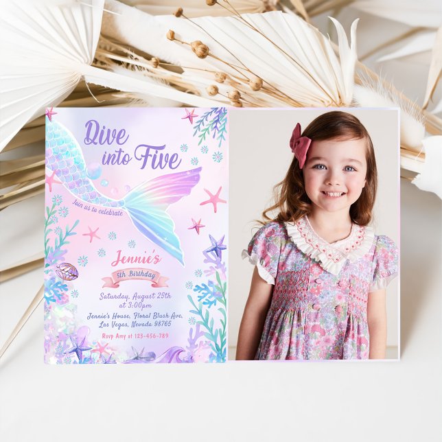 Mermaid 5th Birthday Dive To Five Party Photo Invitation (Creator Uploaded)