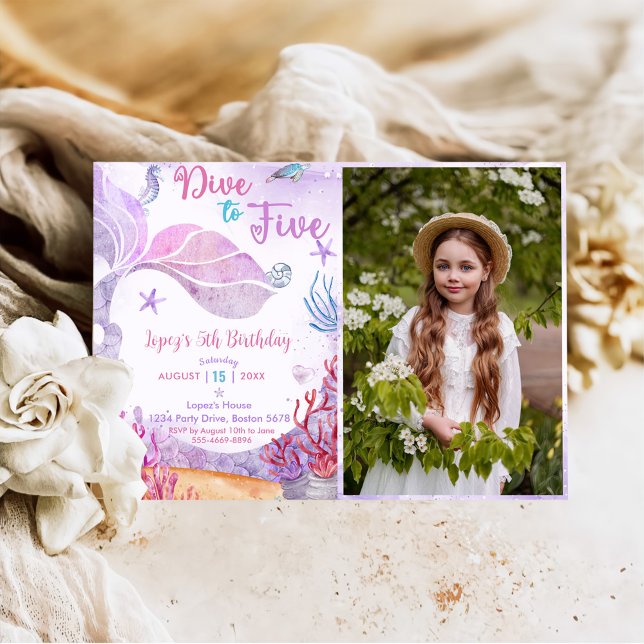 Mermaid 5th Birthday Dive To Five Party Photo Invitation (Creator Uploaded)