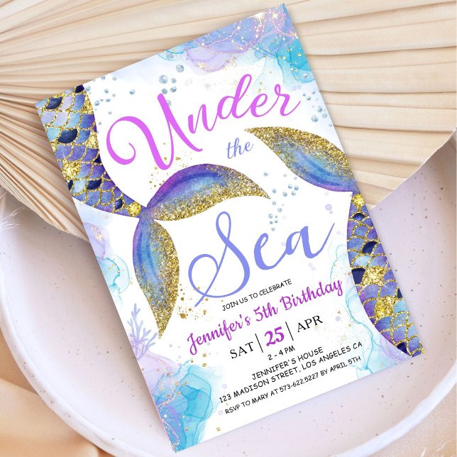 Mermaid 5th Birthday Girl Pink Gold Under the Sea  Invitation (Creator Uploaded)