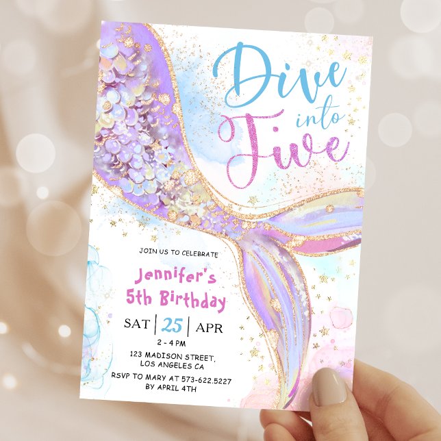 Mermaid 5th Birthday Party Dive Into Five Purple Invitation (Creator Uploaded)