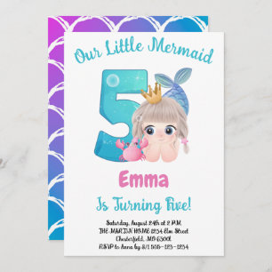 Mermaid 5th Birthday Party Invitation