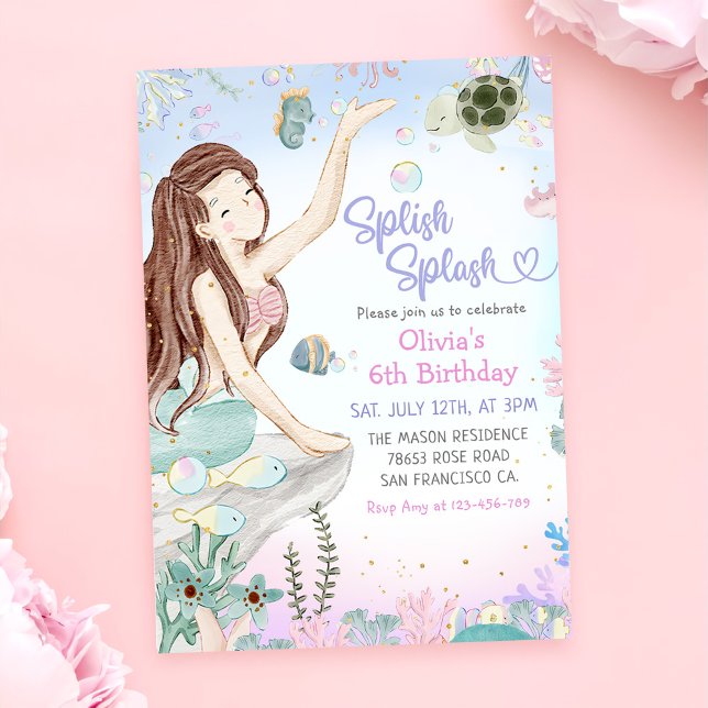 Mermaid 6th Birthday Girl Splish Splash Party Invitation (Creator Uploaded)