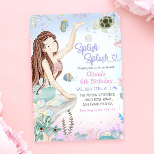 Mermaid 6th Birthday Girl Splish Splash Party Invitation