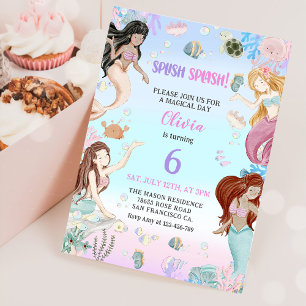 Mermaid 6th Birthday Girl Splish Splash Party Invitation