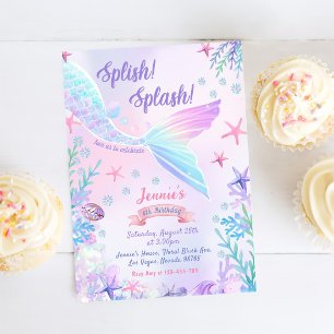 Mermaid 6th Birthday Girl Splish Splash Party Invitation