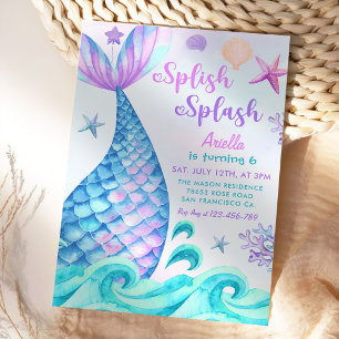 Mermaid 6th Birthday Girl Splish Splash Party  Invitation