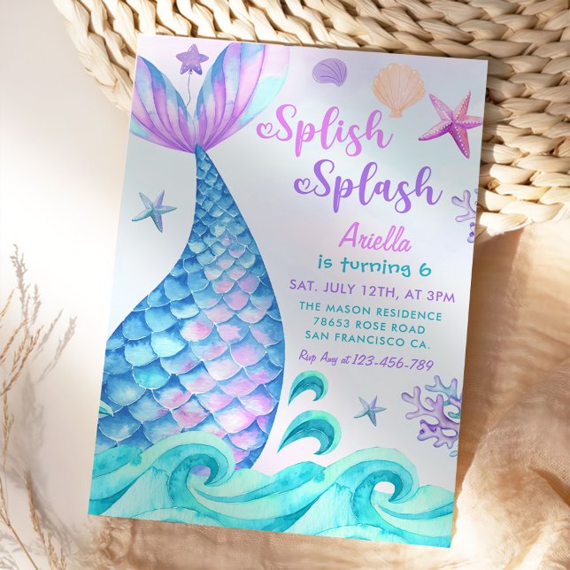 Mermaid 6th Birthday Girl Splish Splash Party  Invitation (Creator Uploaded)