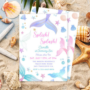 Mermaid 6th Birthday Girl Splish Splash Party  Invitation