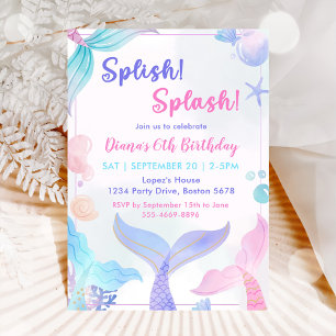 Mermaid 6th Birthday Girl Splish Splash Party  Invitation