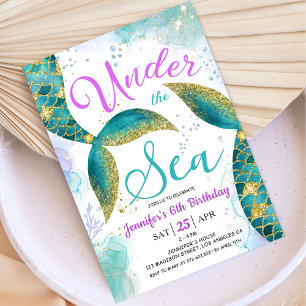 Mermaid 6th Birthday Invite Glitter Under the Sea