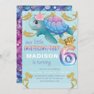 Mermaid 6th Birthday Pink Blue Gold Glitter Invitation