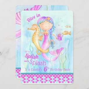 Mermaid 6th Birthday pool party art invitations