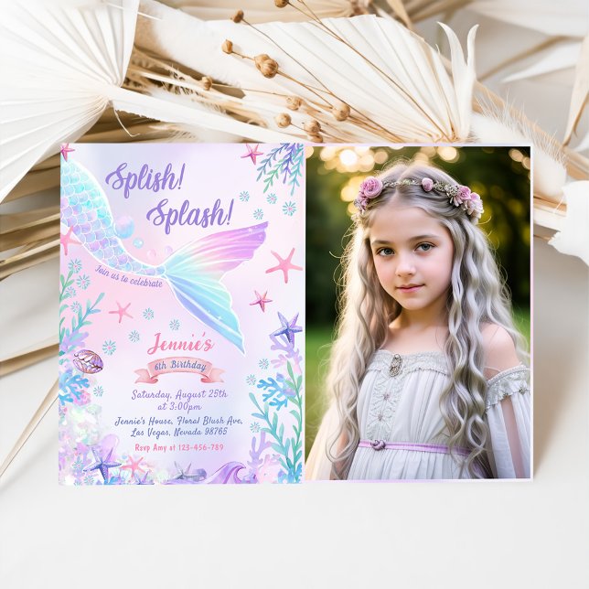 Mermaid 6th Birthday Splish Splash Party Photo Invitation (Creator Uploaded)